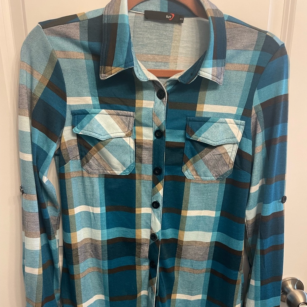 Women's Plaid Flannel Button Down Shirt - Teal and Brown